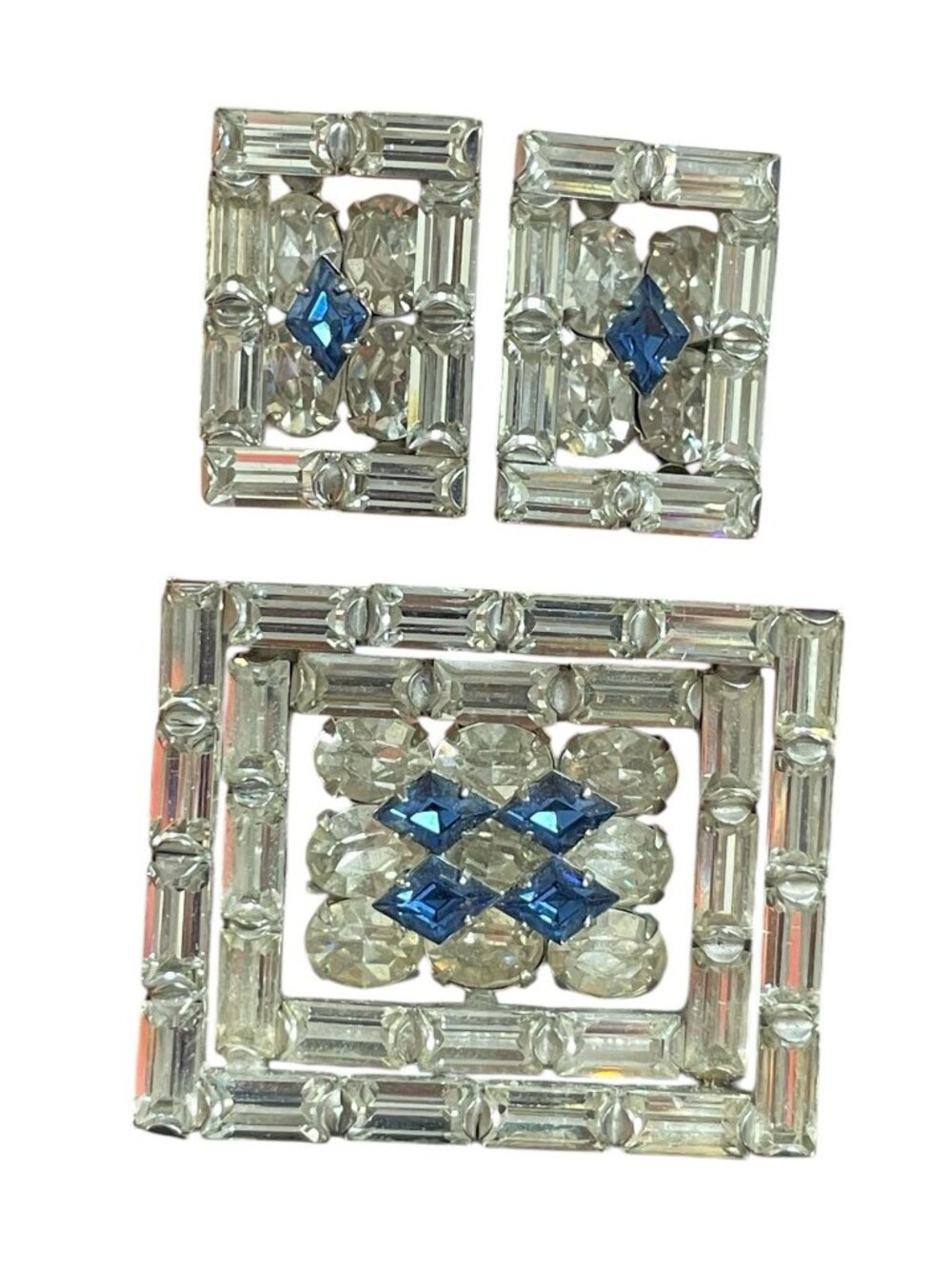 Rare Vtg Parco Prov Vintage Silver-Tone Blue Clear Rhinestone Brooch Earrings